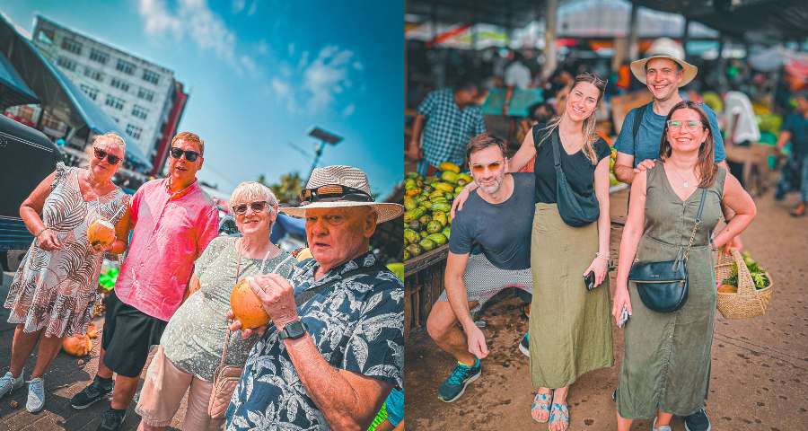 Two tour groups to the left and right, highlighting the Heritage Bites, Spice Roots walking tour by Colombo Food Tours
