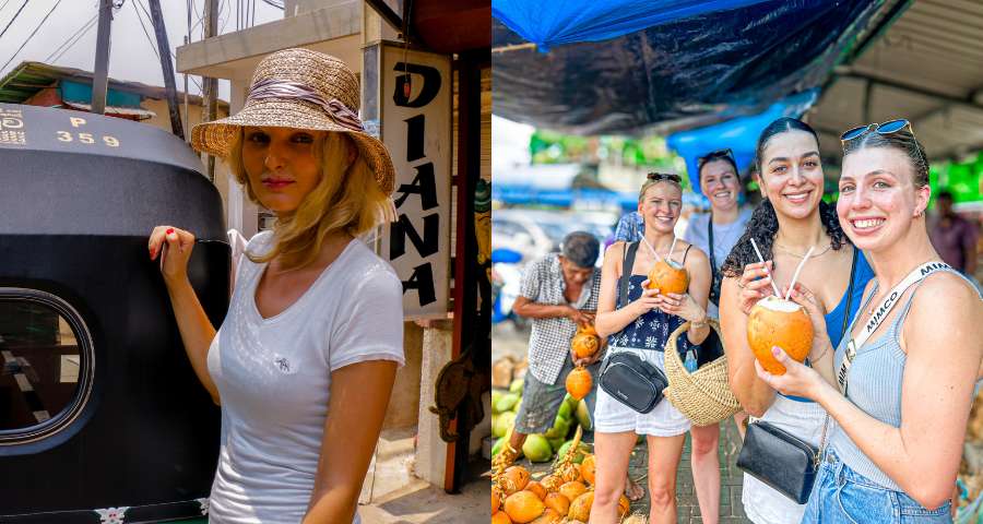 Two female guests standing in front of a tuk-tuk, holding king coconuts during a Colombo Food Tours experience
